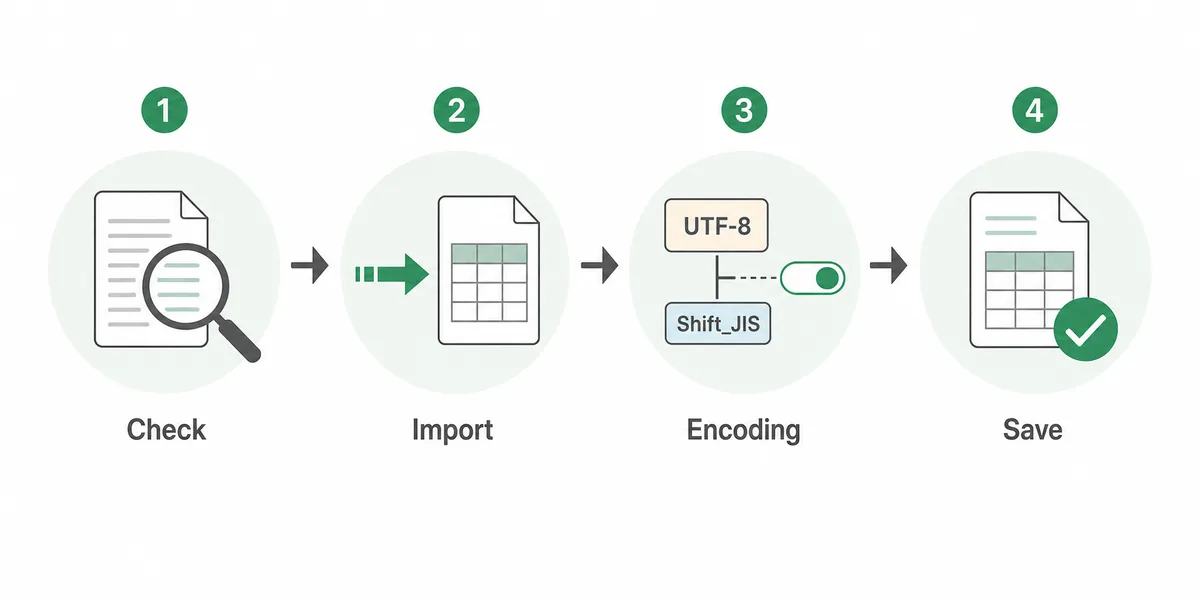 CSVの文字化けを確認しExcelへ取り込み文字コードを選んで保存する流れ