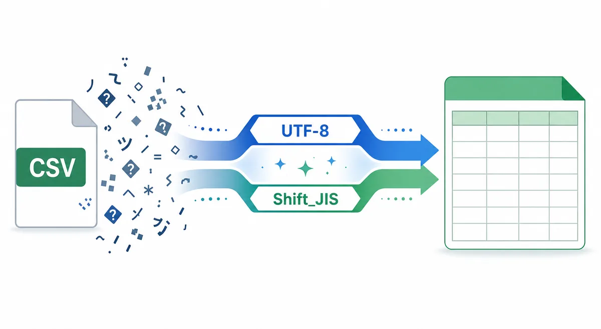 CSVファイルの文字化けをUTF-8やShift_JISの指定で読み直すイメージ