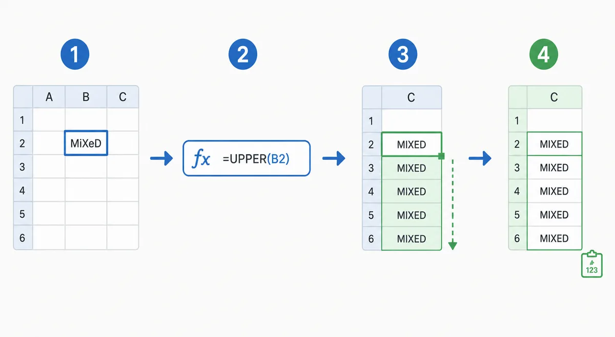 ExcelのセルにUPPER関数を入力し、下方向へコピーして値として貼り付ける4段階の手順図