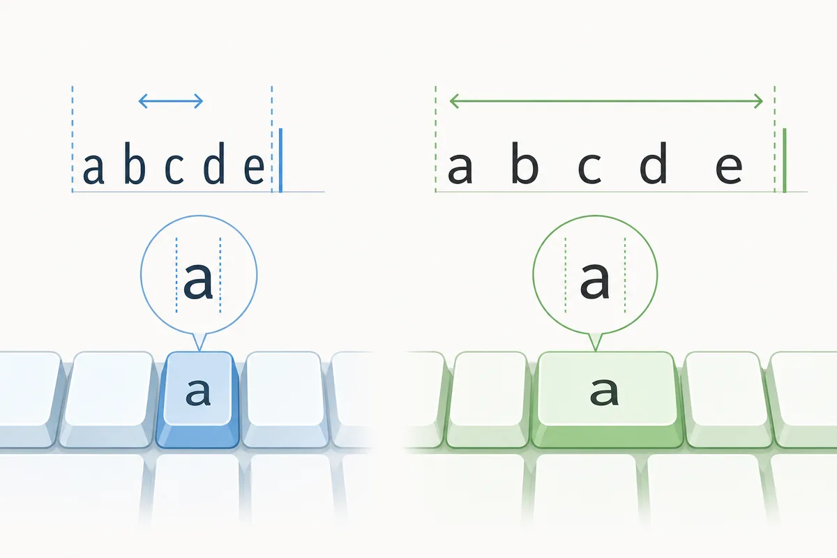 半角ローマ字と全角ローマ字の文字幅の違いをキーボードとアルファベットで示した図