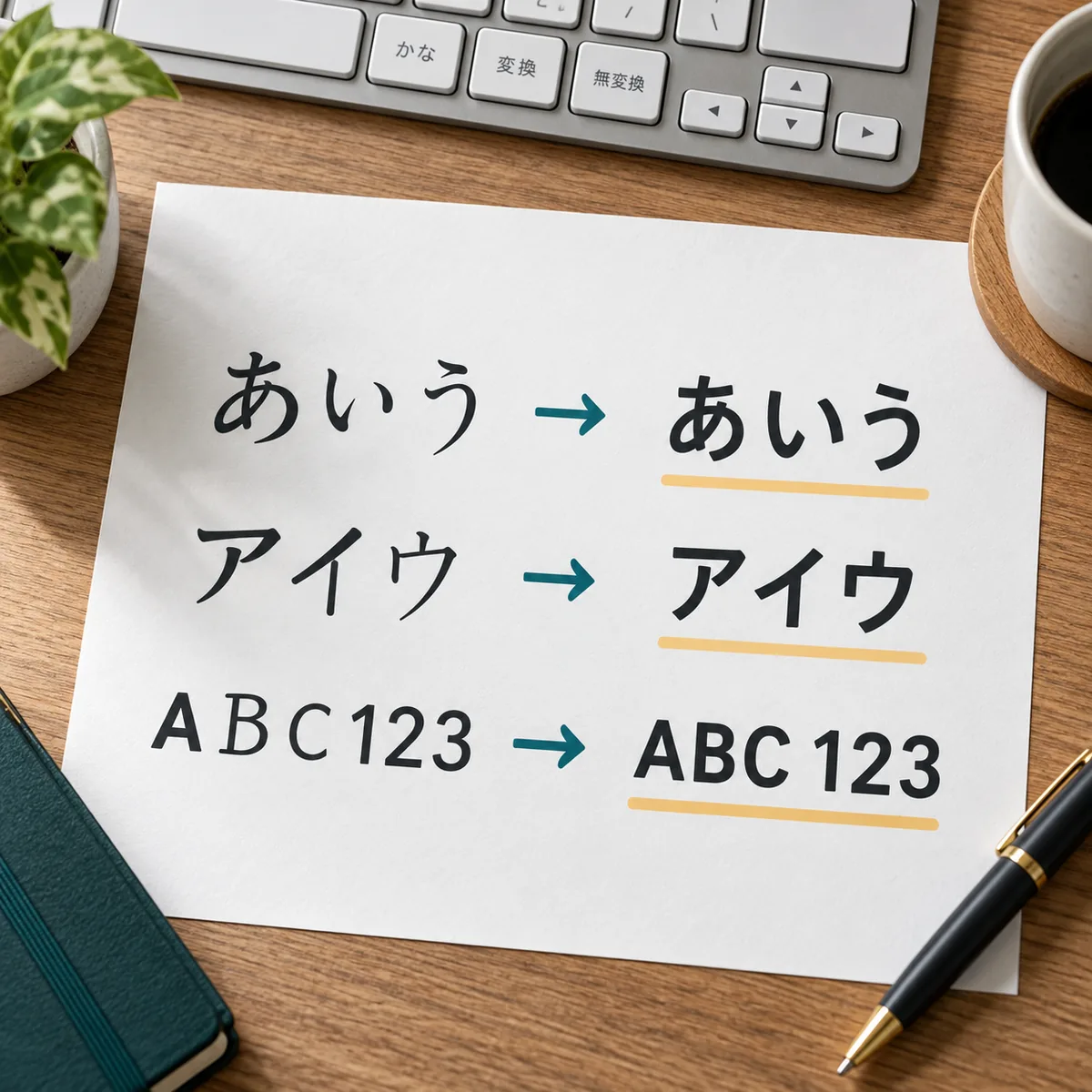 ひらがな、カタカナ、英数字を選んで文字種を変換するイメージ