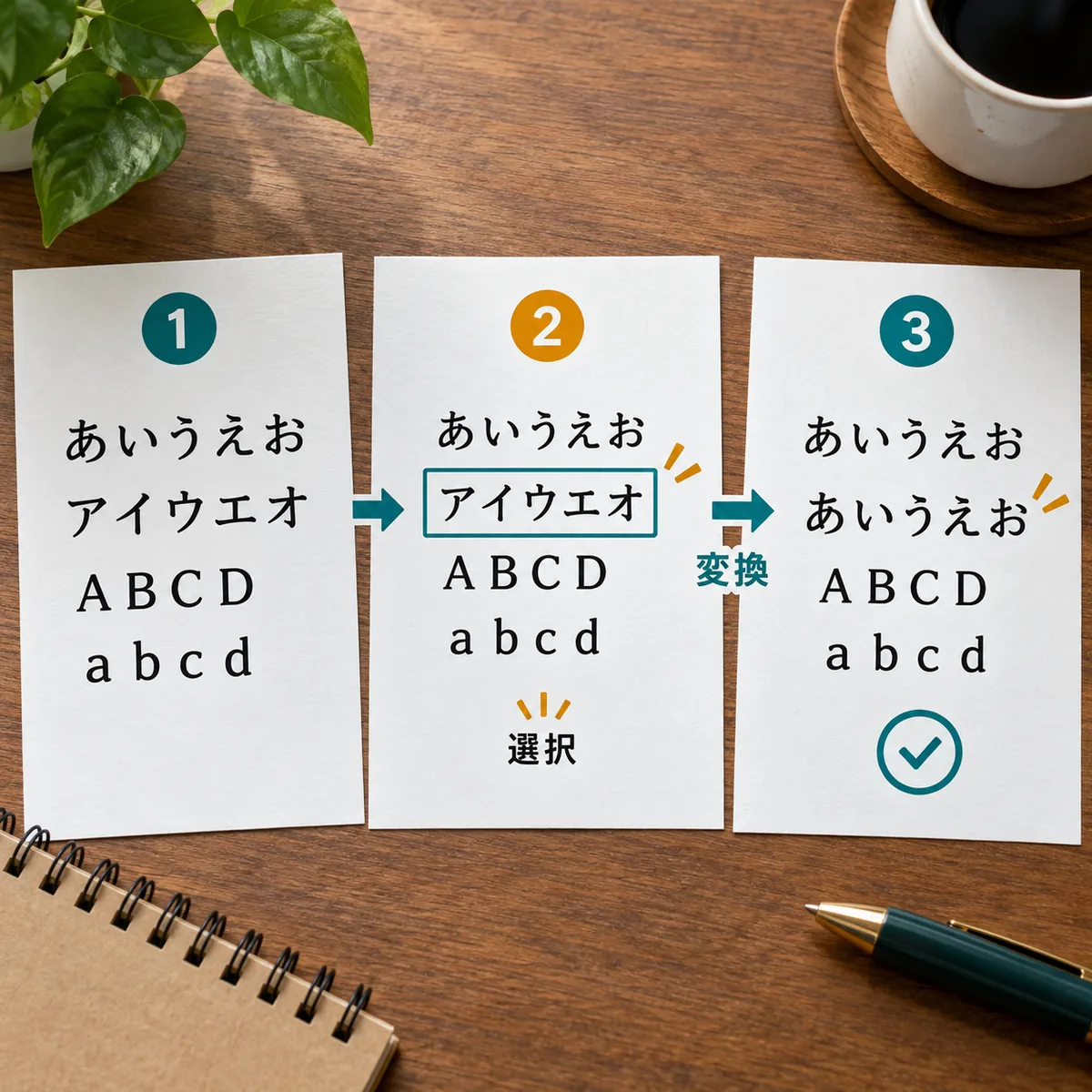 文字種を選択してから変換し、結果を確認する三段階の流れ