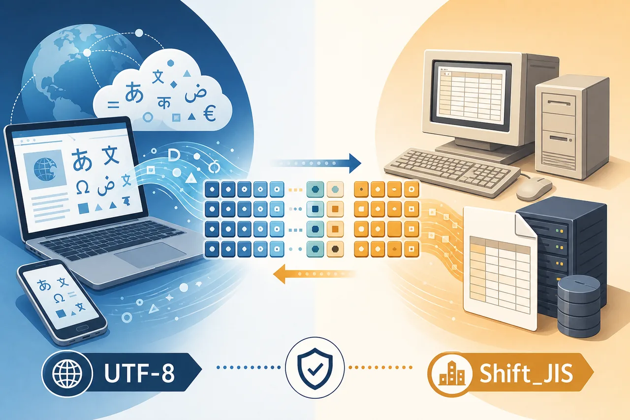 UTF-8の多言語Web環境とShift_JISの日本語業務システムを対比した編集図