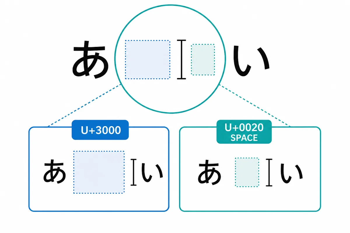全角スペース U+3000 と半角スペース U+0020 の幅を比較した図